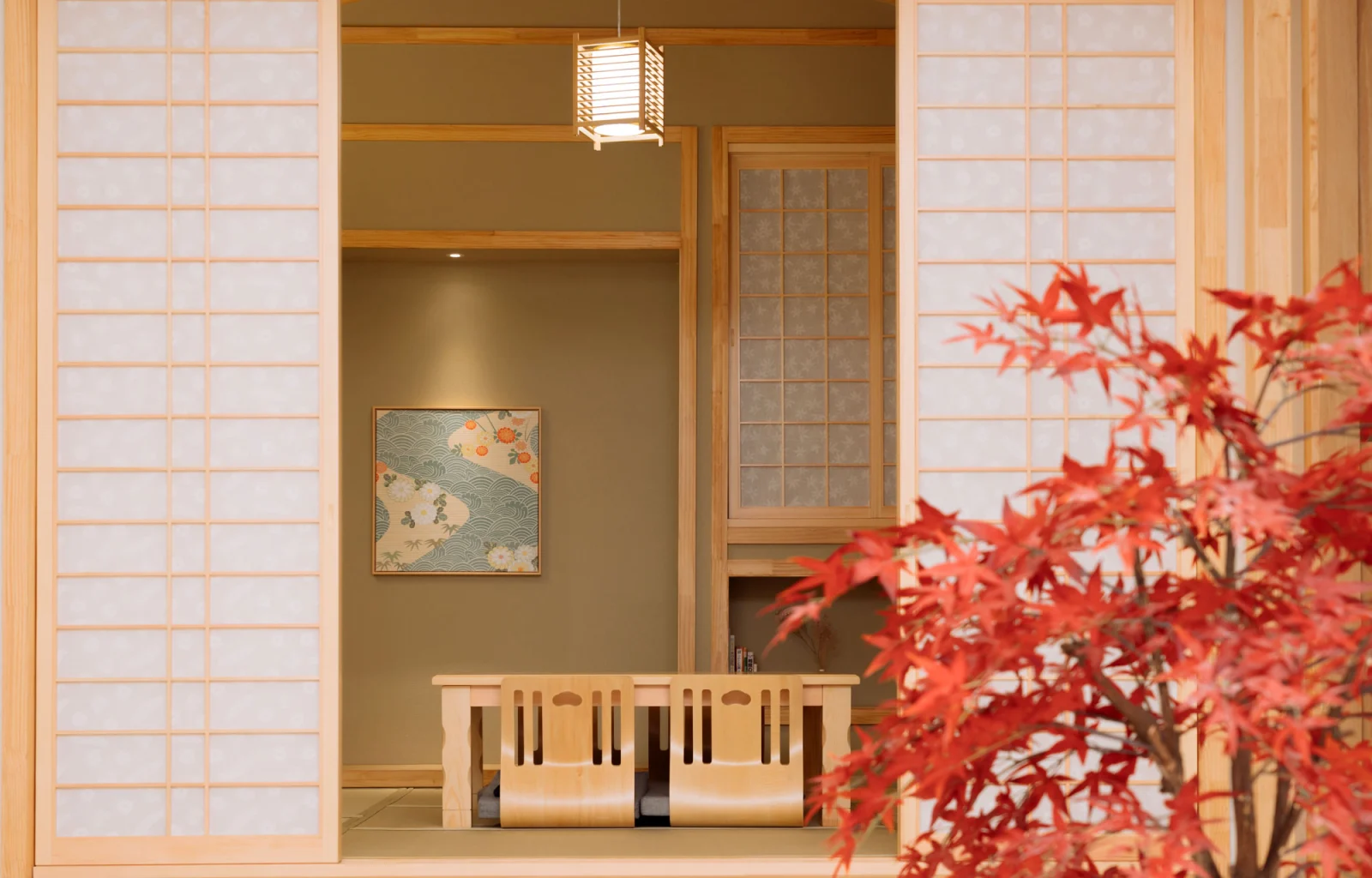 A Japanese-style classroom at Shirokuma Gijuku with shoji screens and autumn maple
